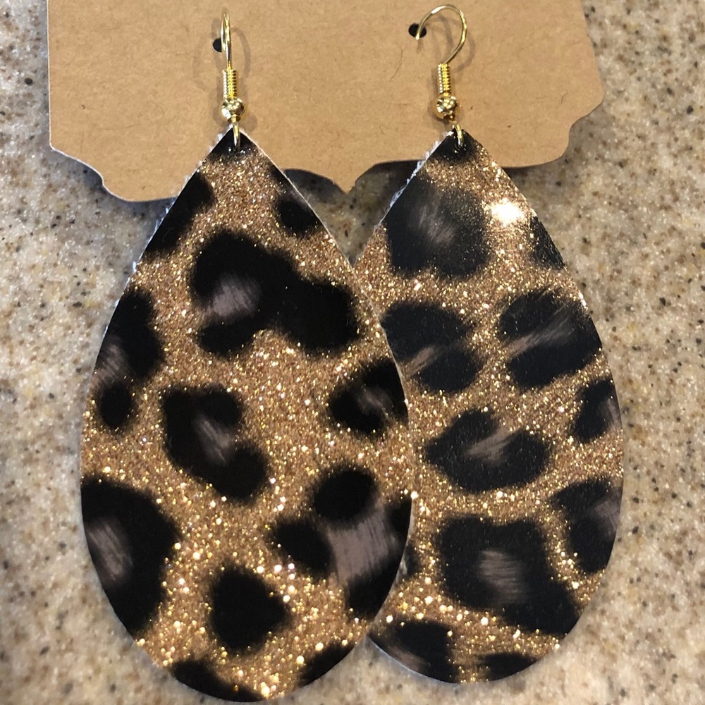 Leopard glitter tear drop earrings - hand made